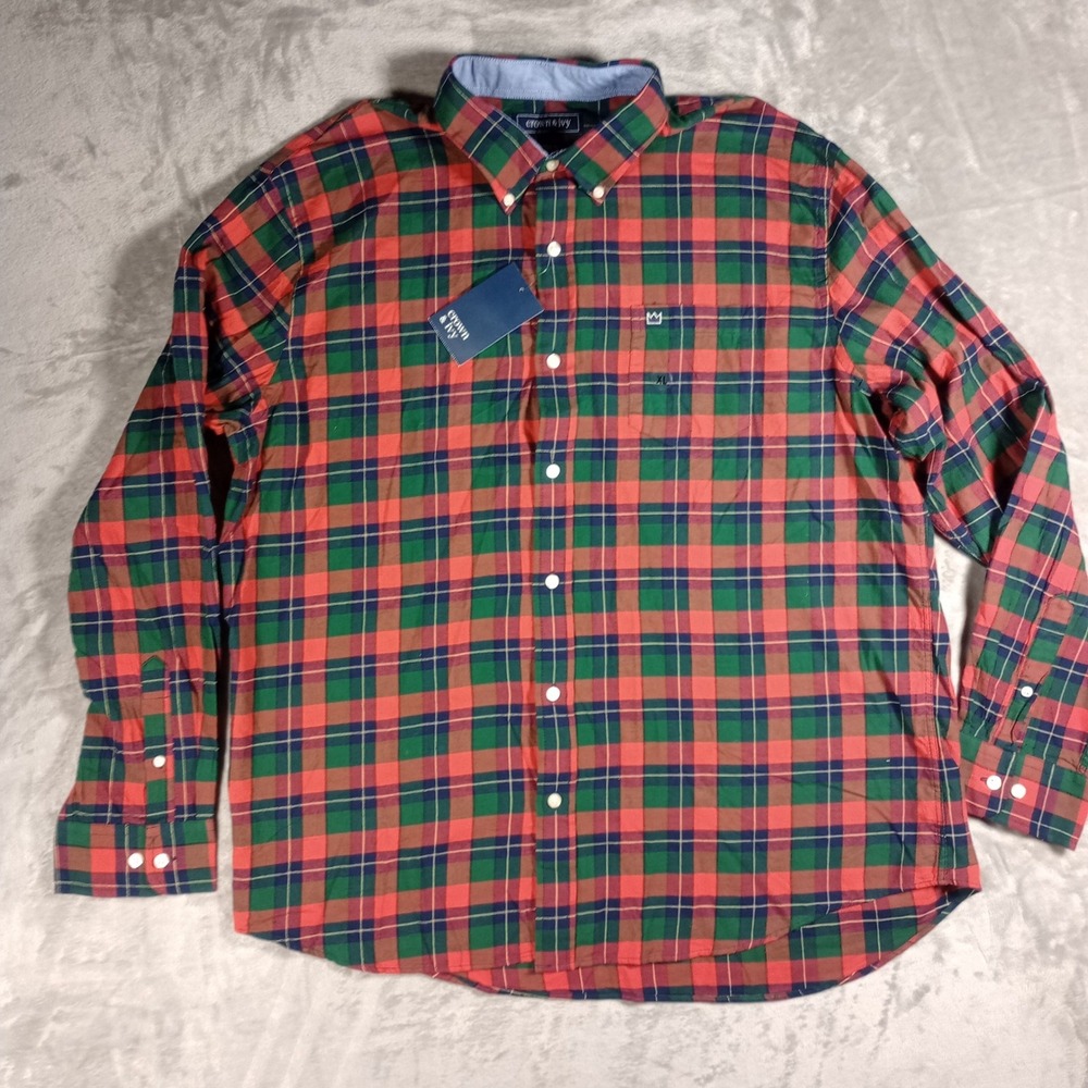 Crown & Ivy Tartan Plaid‎ Button Down Mens XL Red Green Classic Fit Preppy